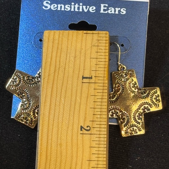 Gold Tone Filigree Cross Dangle Earrings 2 inch - Picture 6 of 8